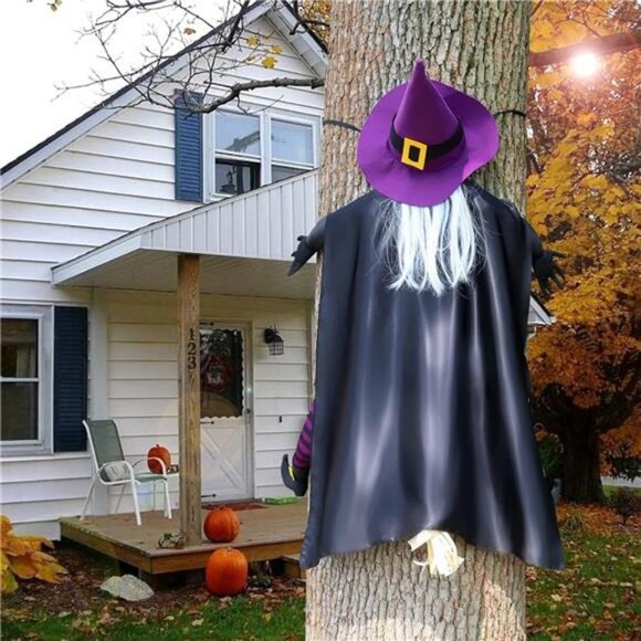 Halloween Decor Outsid57" Large Flying Witch Crashing into Tree Hanging Decor - Picture 2 of 7